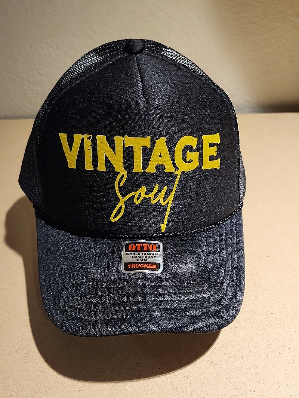 OTTO Black Trucker Hat with Yellow "Vintage Soul" Script